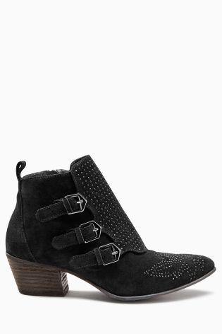 Black Leather Micro Stud Strap Boots